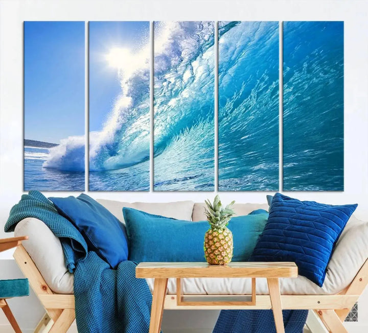 The "Ocean Surfing Wave Wall Art" is a triptych printed on museum-quality canvas with UV-protective coating.