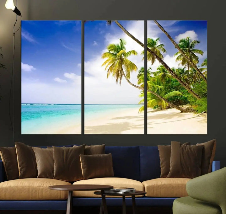 Above the beige sofa, the Ocean Tropical Beach Wall Art Print, featuring palm trees and crystal blue water, offers a calm ocean view, creating a tranquil oasis in the softly lit room.