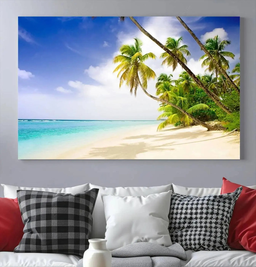 Above the beige sofa, the Ocean Tropical Beach Wall Art Print, featuring palm trees and crystal blue water, offers a calm ocean view, creating a tranquil oasis in the softly lit room.