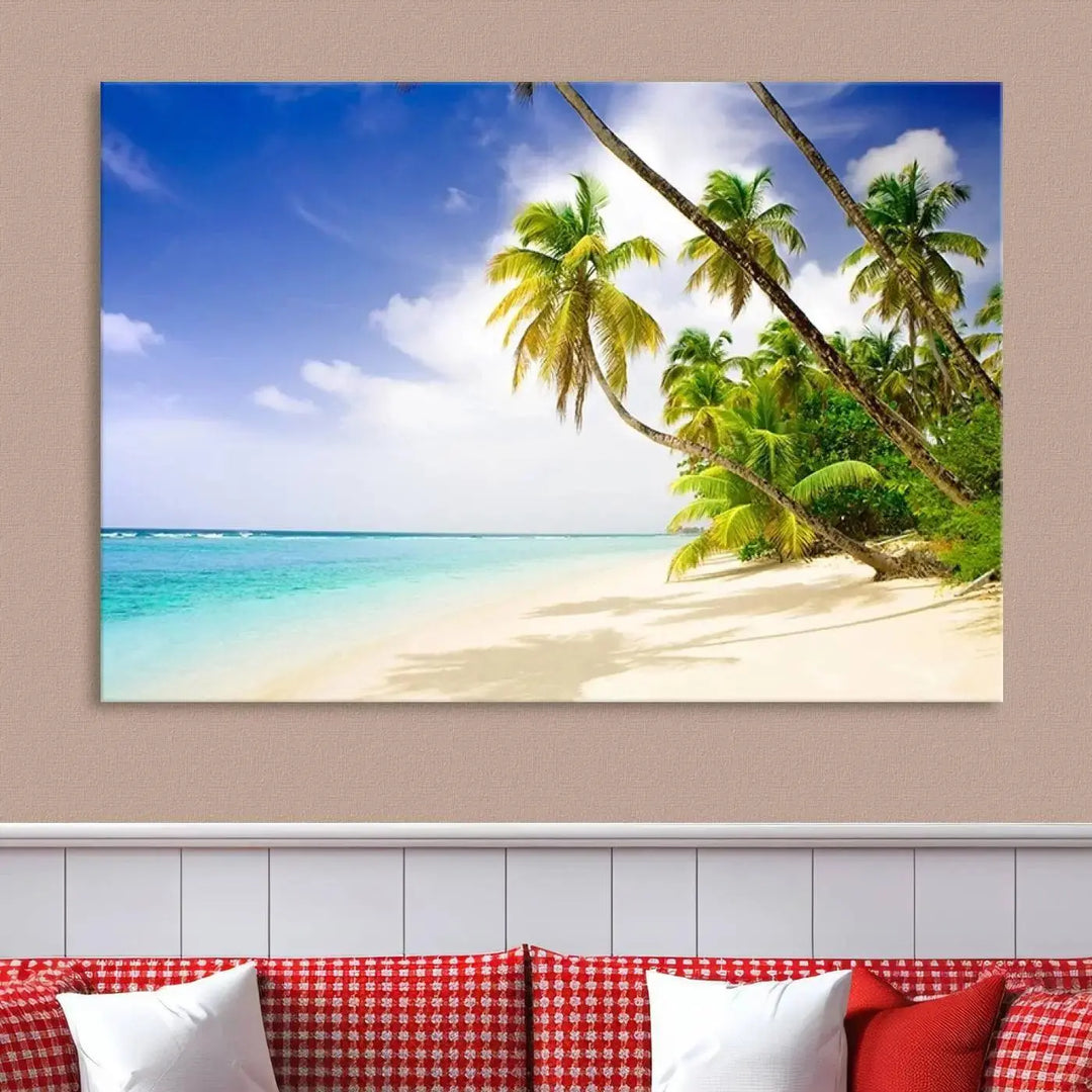 Above the beige sofa, the Ocean Tropical Beach Wall Art Print, featuring palm trees and crystal blue water, offers a calm ocean view, creating a tranquil oasis in the softly lit room.