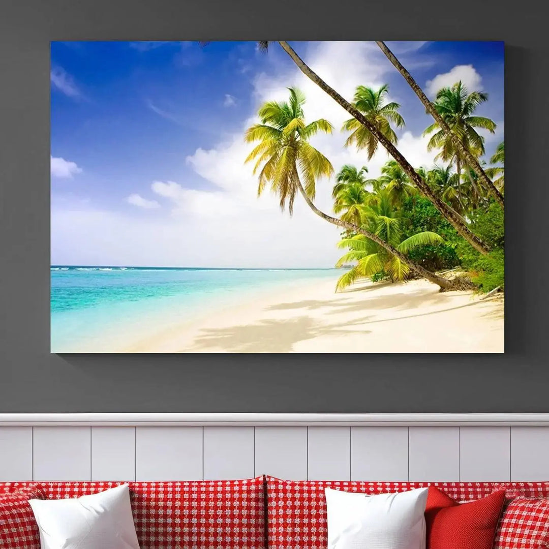 Above the beige sofa, the Ocean Tropical Beach Wall Art Print, featuring palm trees and crystal blue water, offers a calm ocean view, creating a tranquil oasis in the softly lit room.