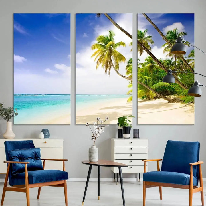 Above the beige sofa, the Ocean Tropical Beach Wall Art Print, featuring palm trees and crystal blue water, offers a calm ocean view, creating a tranquil oasis in the softly lit room.