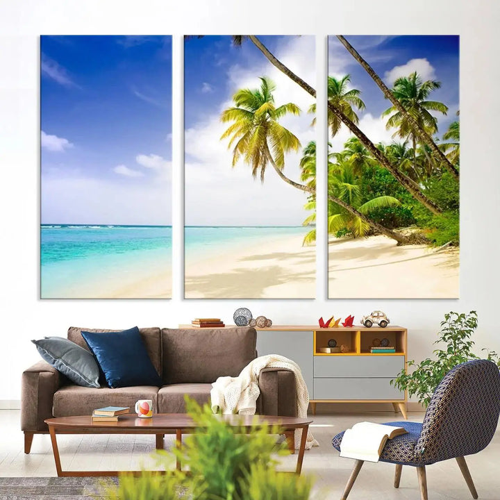 Above the beige sofa, the Ocean Tropical Beach Wall Art Print, featuring palm trees and crystal blue water, offers a calm ocean view, creating a tranquil oasis in the softly lit room.