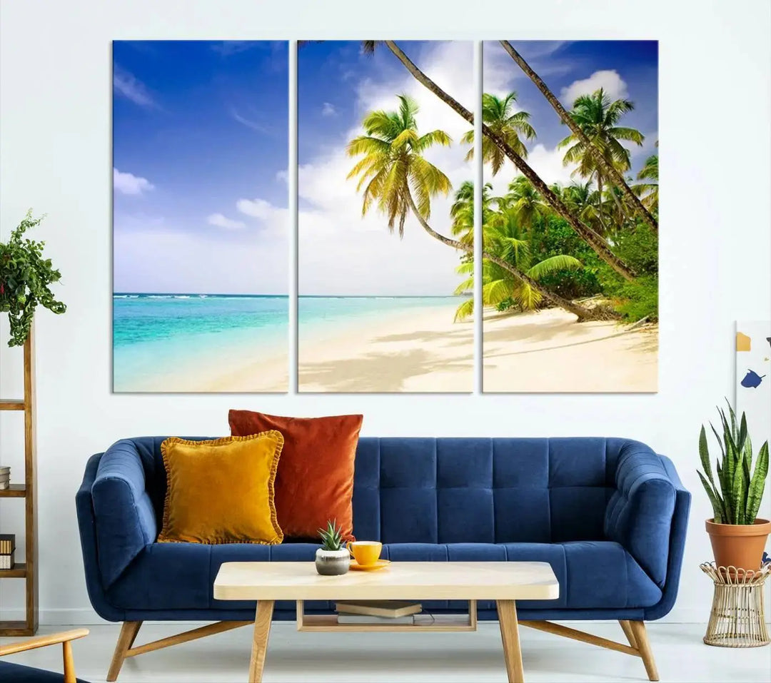 Above the beige sofa, the Ocean Tropical Beach Wall Art Print, featuring palm trees and crystal blue water, offers a calm ocean view, creating a tranquil oasis in the softly lit room.