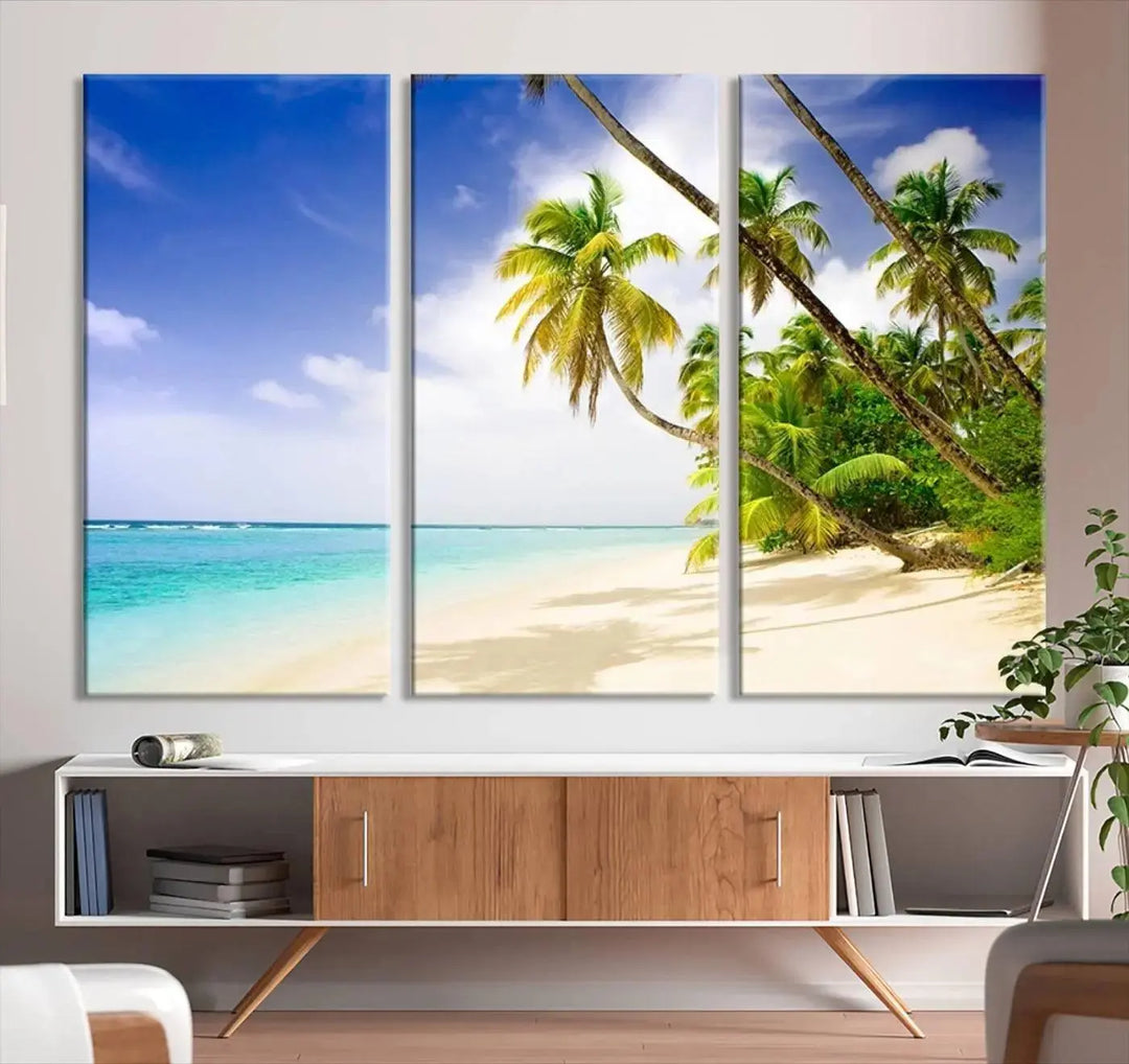 Above the beige sofa, the Ocean Tropical Beach Wall Art Print, featuring palm trees and crystal blue water, offers a calm ocean view, creating a tranquil oasis in the softly lit room.