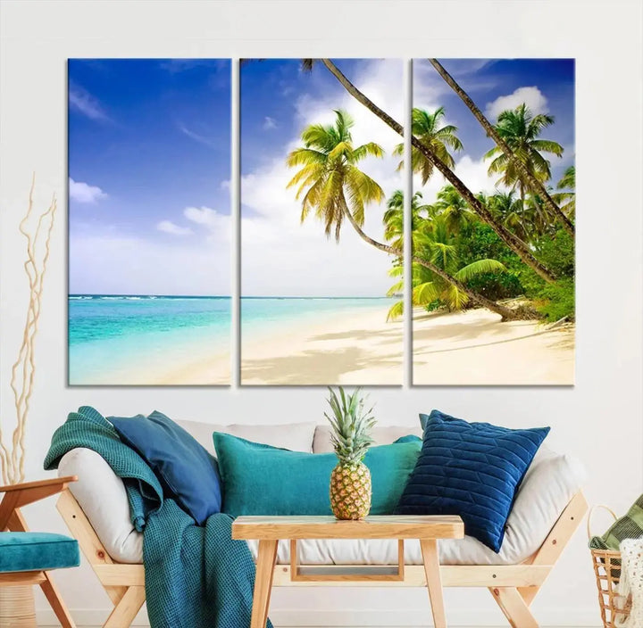 Above the beige sofa, the Ocean Tropical Beach Wall Art Print, featuring palm trees and crystal blue water, offers a calm ocean view, creating a tranquil oasis in the softly lit room.