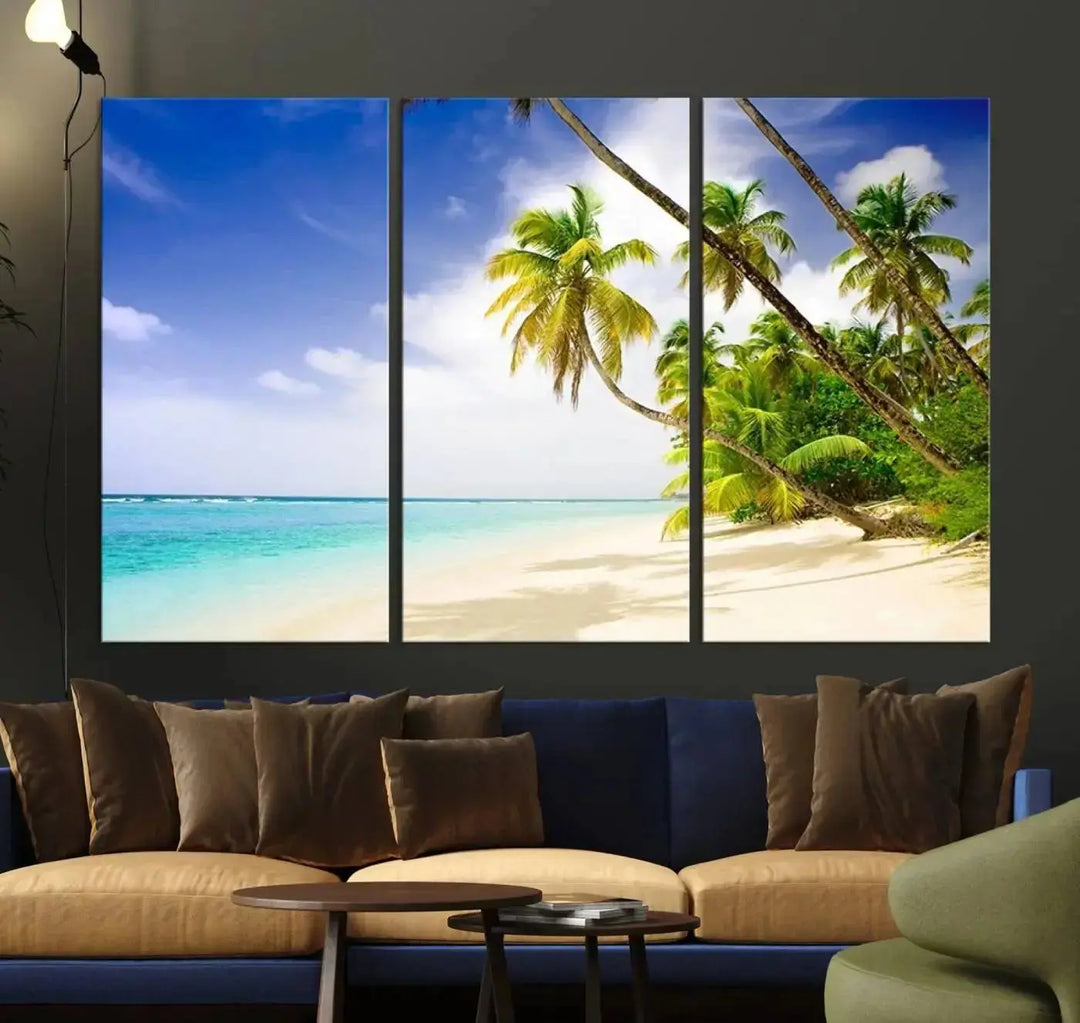 Above the beige sofa, the Ocean Tropical Beach Wall Art Print, featuring palm trees and crystal blue water, offers a calm ocean view, creating a tranquil oasis in the softly lit room.