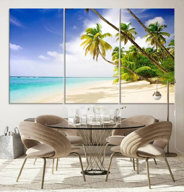 Above the beige sofa, the Ocean Tropical Beach Wall Art Print, featuring palm trees and crystal blue water, offers a calm ocean view, creating a tranquil oasis in the softly lit room.