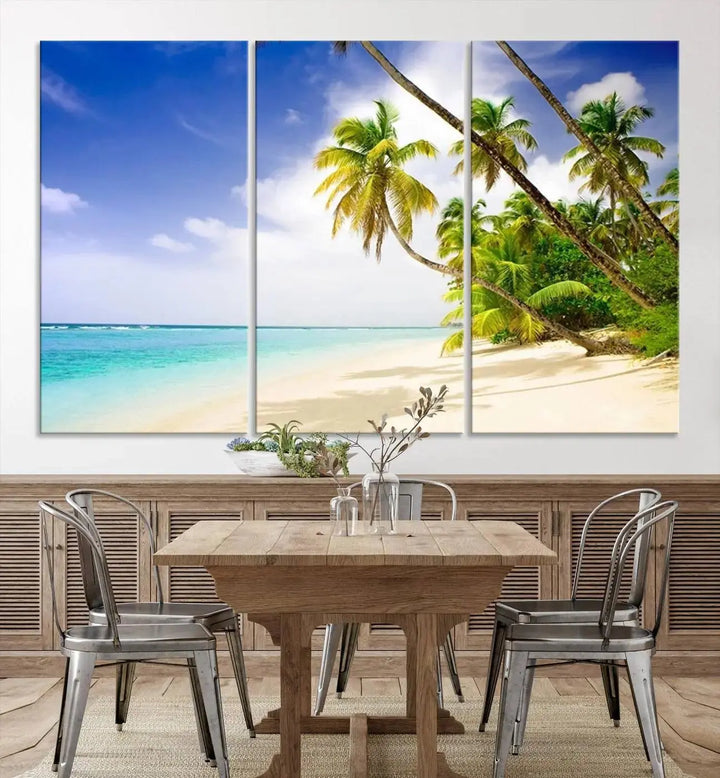 Above the beige sofa, the Ocean Tropical Beach Wall Art Print, featuring palm trees and crystal blue water, offers a calm ocean view, creating a tranquil oasis in the softly lit room.