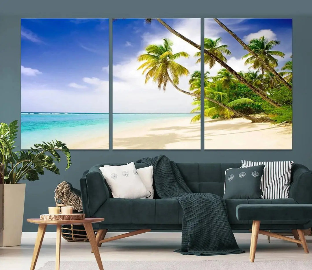 Above the beige sofa, the Ocean Tropical Beach Wall Art Print, featuring palm trees and crystal blue water, offers a calm ocean view, creating a tranquil oasis in the softly lit room.