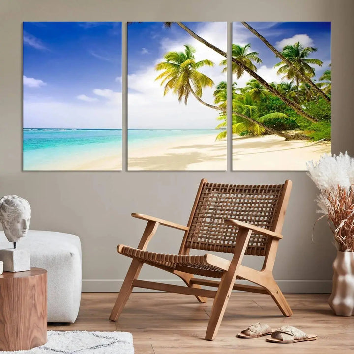 Above the beige sofa, the Ocean Tropical Beach Wall Art Print, featuring palm trees and crystal blue water, offers a calm ocean view, creating a tranquil oasis in the softly lit room.