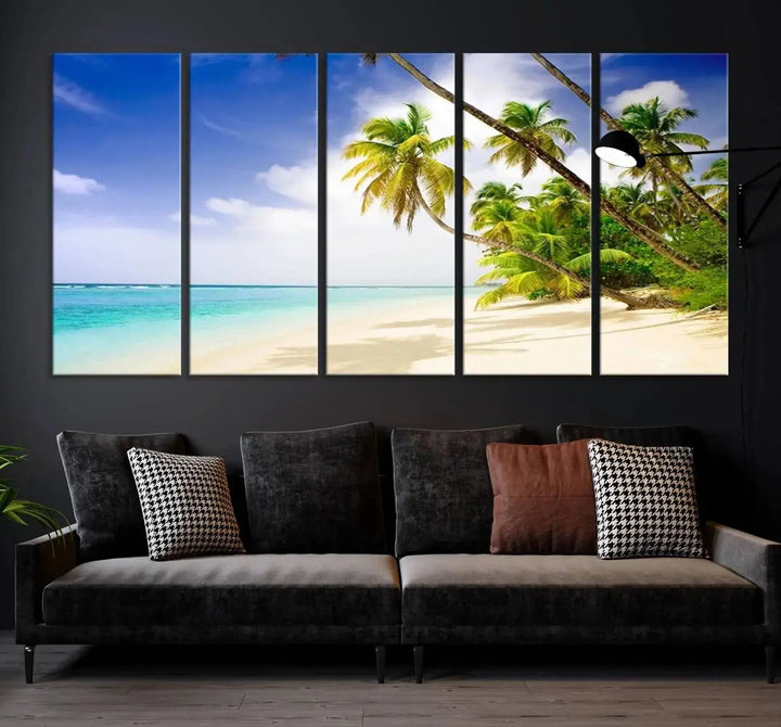 Above the beige sofa, the Ocean Tropical Beach Wall Art Print, featuring palm trees and crystal blue water, offers a calm ocean view, creating a tranquil oasis in the softly lit room.