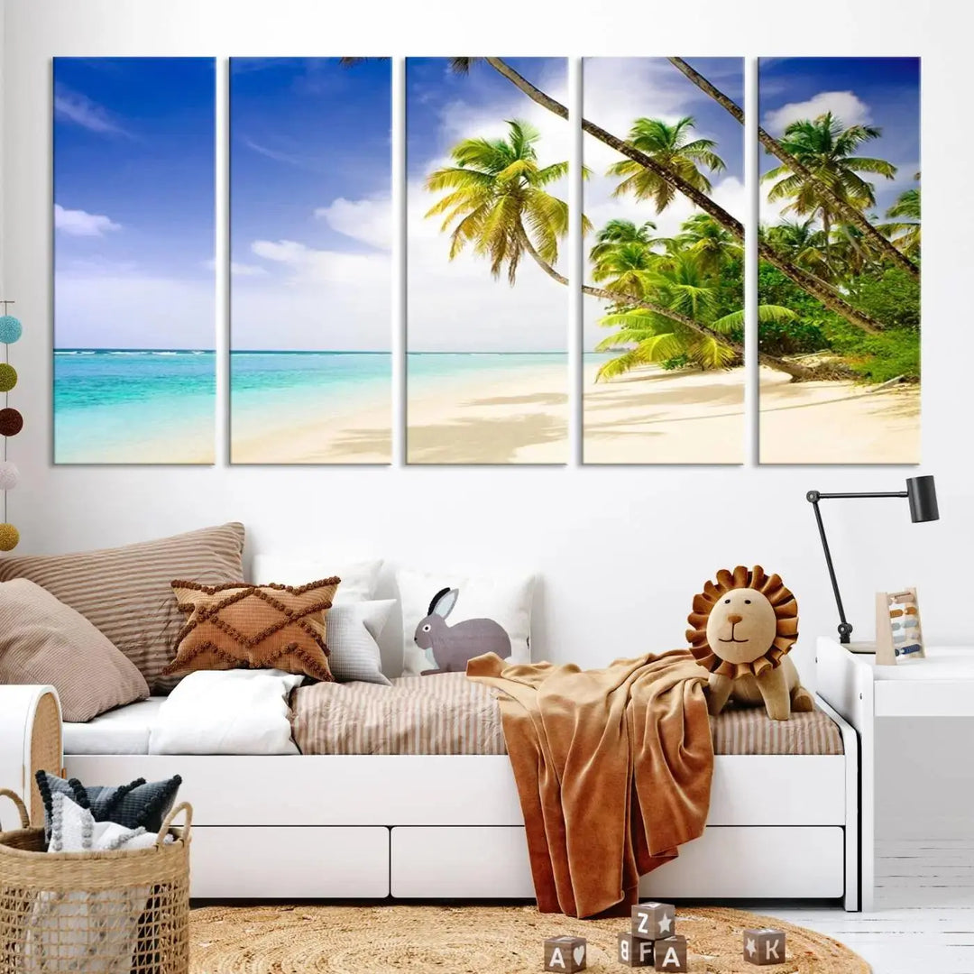 Above the beige sofa, the Ocean Tropical Beach Wall Art Print, featuring palm trees and crystal blue water, offers a calm ocean view, creating a tranquil oasis in the softly lit room.