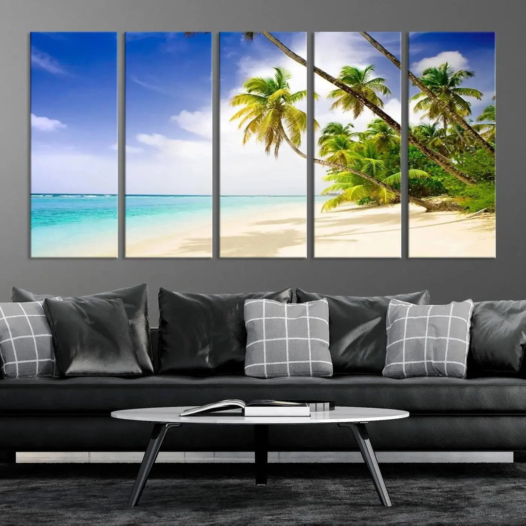 Above the beige sofa, the Ocean Tropical Beach Wall Art Print, featuring palm trees and crystal blue water, offers a calm ocean view, creating a tranquil oasis in the softly lit room.