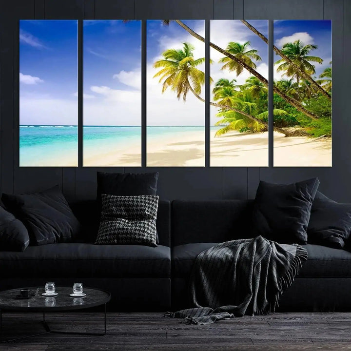 Above the beige sofa, the Ocean Tropical Beach Wall Art Print, featuring palm trees and crystal blue water, offers a calm ocean view, creating a tranquil oasis in the softly lit room.