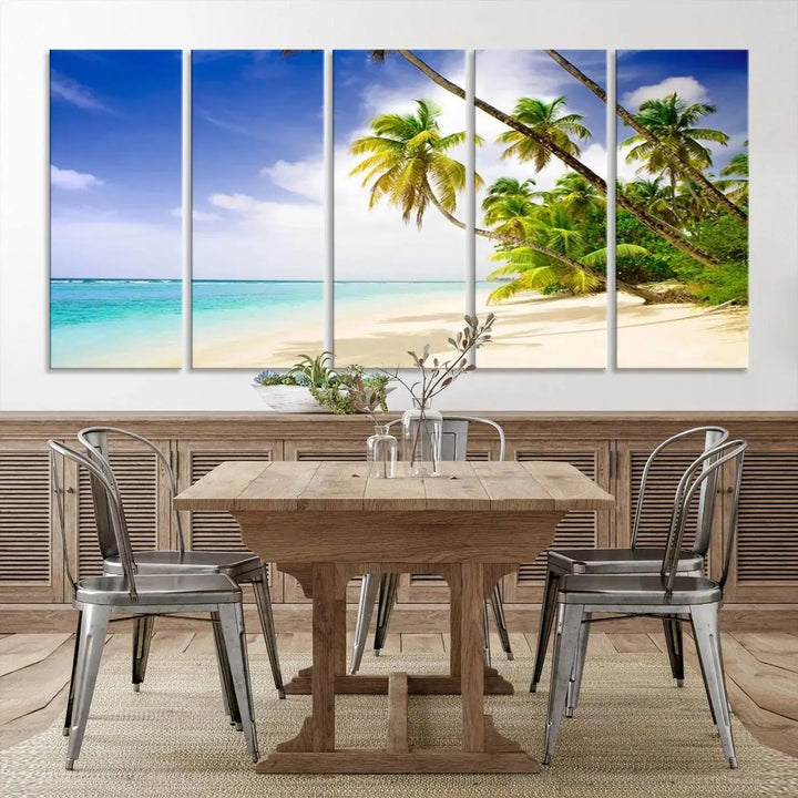 Above the beige sofa, the Ocean Tropical Beach Wall Art Print, featuring palm trees and crystal blue water, offers a calm ocean view, creating a tranquil oasis in the softly lit room.