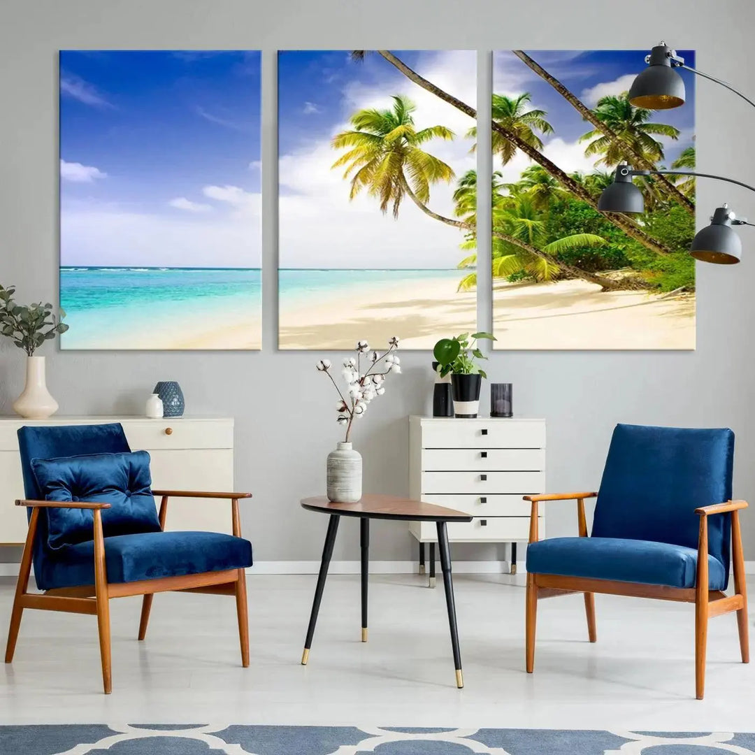 Above the beige sofa, the Ocean Tropical Beach Wall Art Print, featuring palm trees and crystal blue water, offers a calm ocean view, creating a tranquil oasis in the softly lit room.