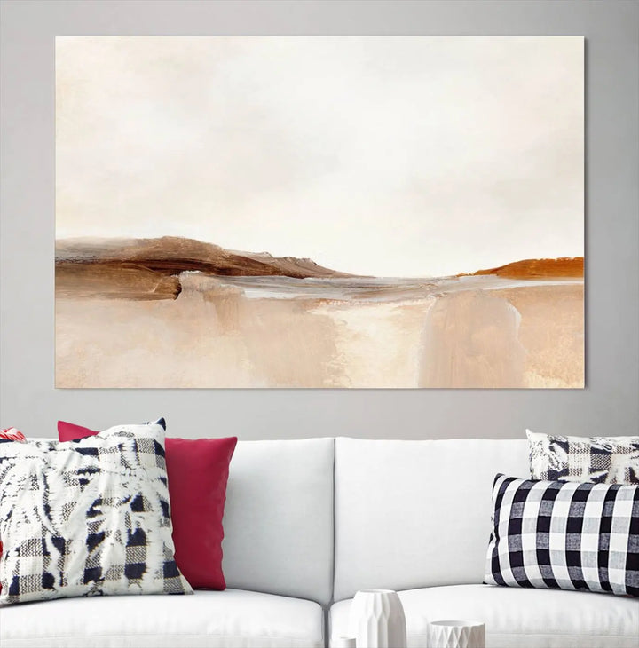 An Ocean Wave Abstract Artwork wall art canvas print, gallery wrapped with museum-quality polycotton and a UV-protective coating, hangs in a modern living room.