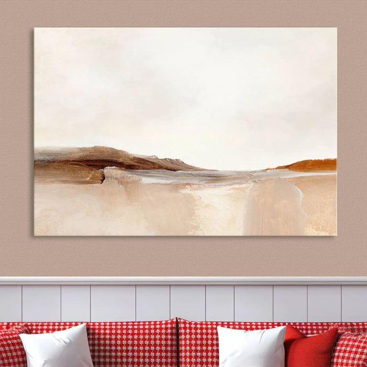 An Ocean Wave Abstract Artwork wall art canvas print, gallery wrapped with museum-quality polycotton and a UV-protective coating, hangs in a modern living room.