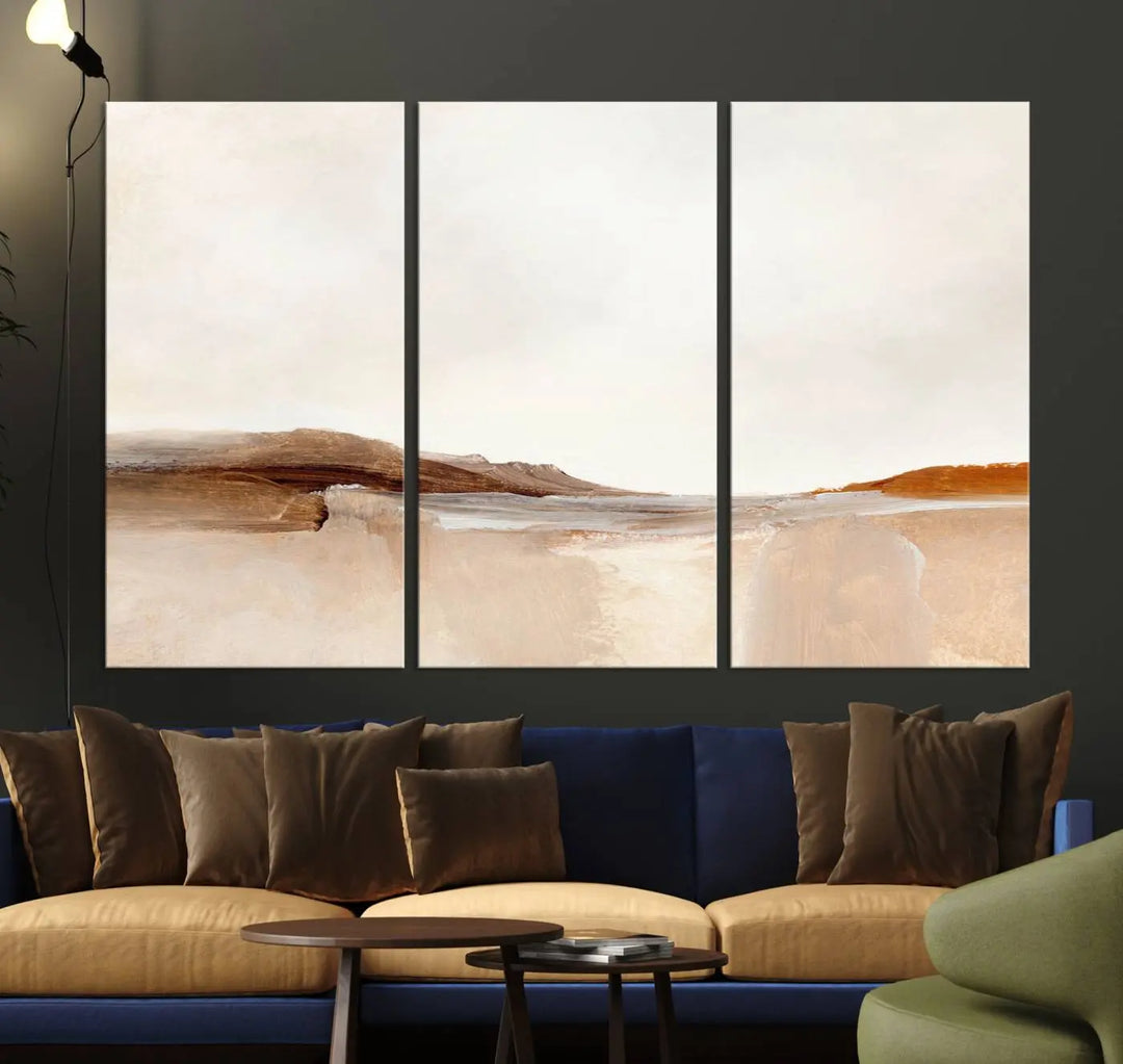 An Ocean Wave Abstract Artwork wall art canvas print, gallery wrapped with museum-quality polycotton and a UV-protective coating, hangs in a modern living room.