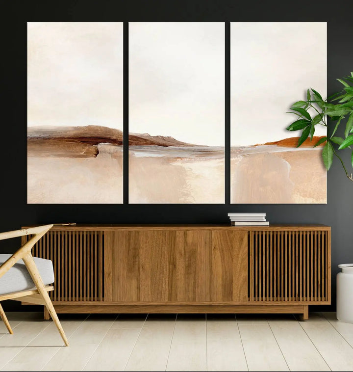 An Ocean Wave Abstract Artwork wall art canvas print, gallery wrapped with museum-quality polycotton and a UV-protective coating, hangs in a modern living room.