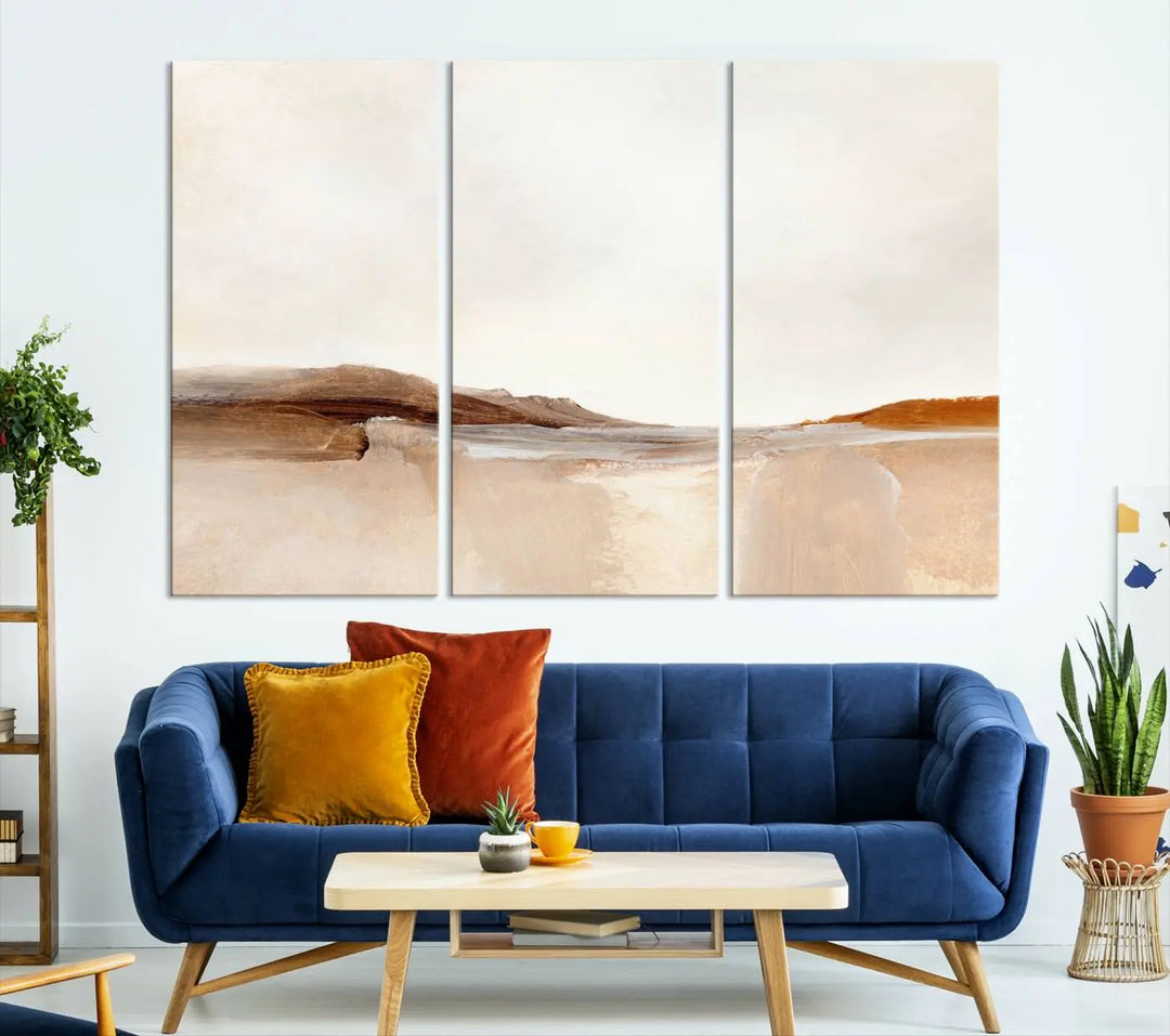 An Ocean Wave Abstract Artwork wall art canvas print, gallery wrapped with museum-quality polycotton and a UV-protective coating, hangs in a modern living room.