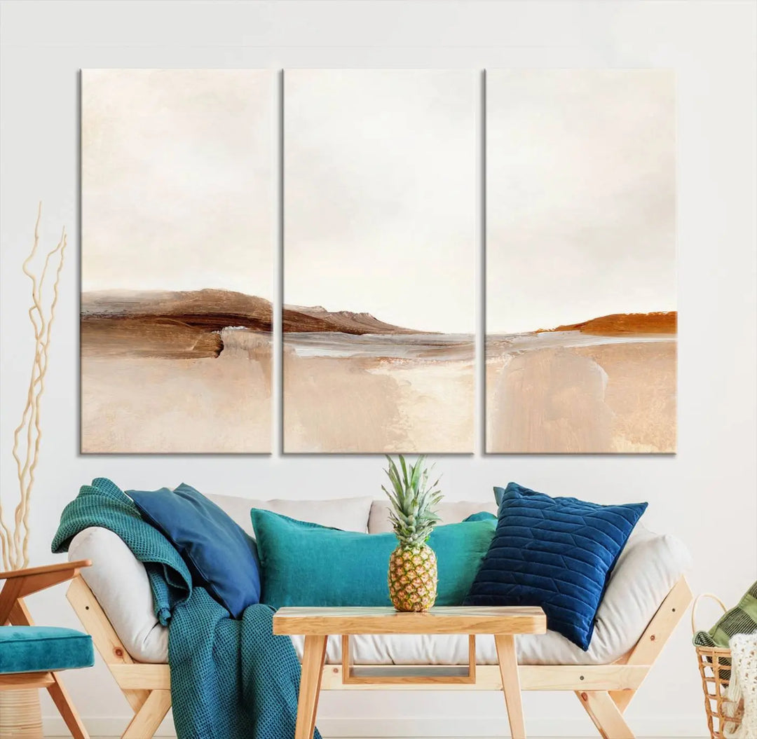 An Ocean Wave Abstract Artwork wall art canvas print, gallery wrapped with museum-quality polycotton and a UV-protective coating, hangs in a modern living room.