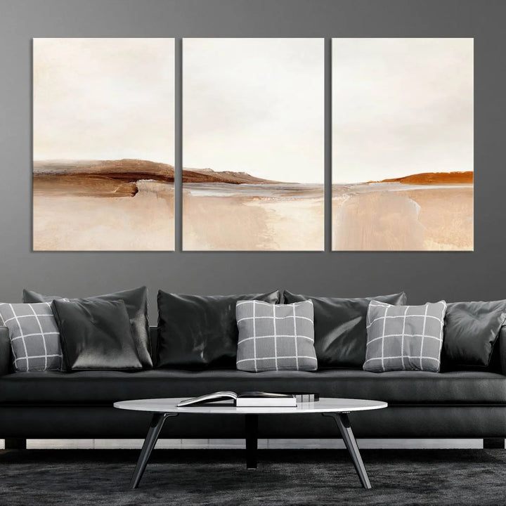 An Ocean Wave Abstract Artwork wall art canvas print, gallery wrapped with museum-quality polycotton and a UV-protective coating, hangs in a modern living room.