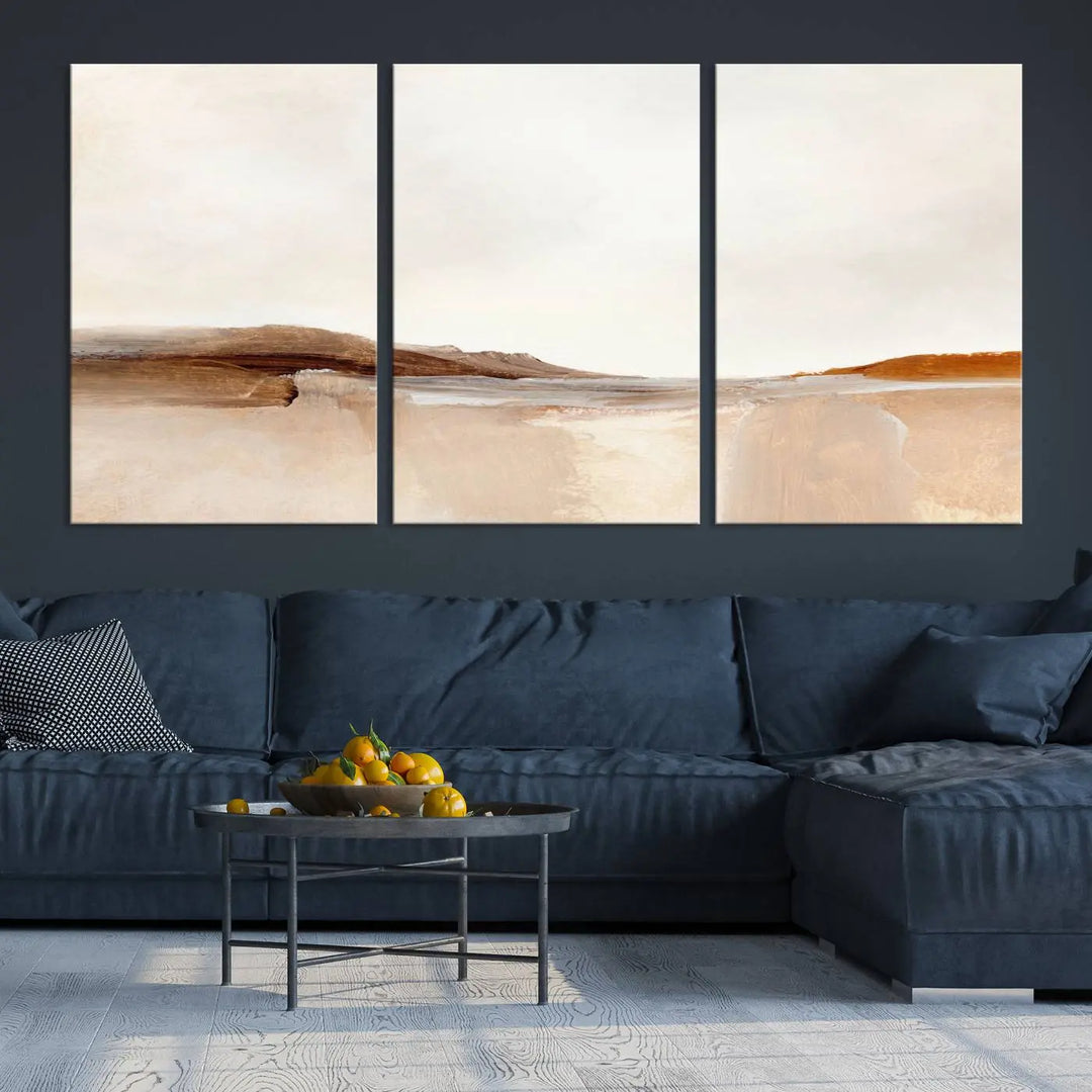 An Ocean Wave Abstract Artwork wall art canvas print, gallery wrapped with museum-quality polycotton and a UV-protective coating, hangs in a modern living room.