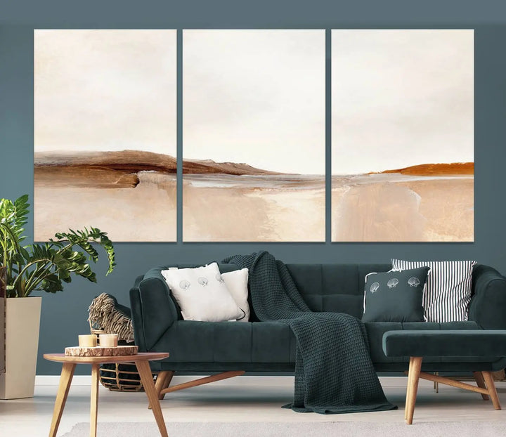 An Ocean Wave Abstract Artwork wall art canvas print, gallery wrapped with museum-quality polycotton and a UV-protective coating, hangs in a modern living room.