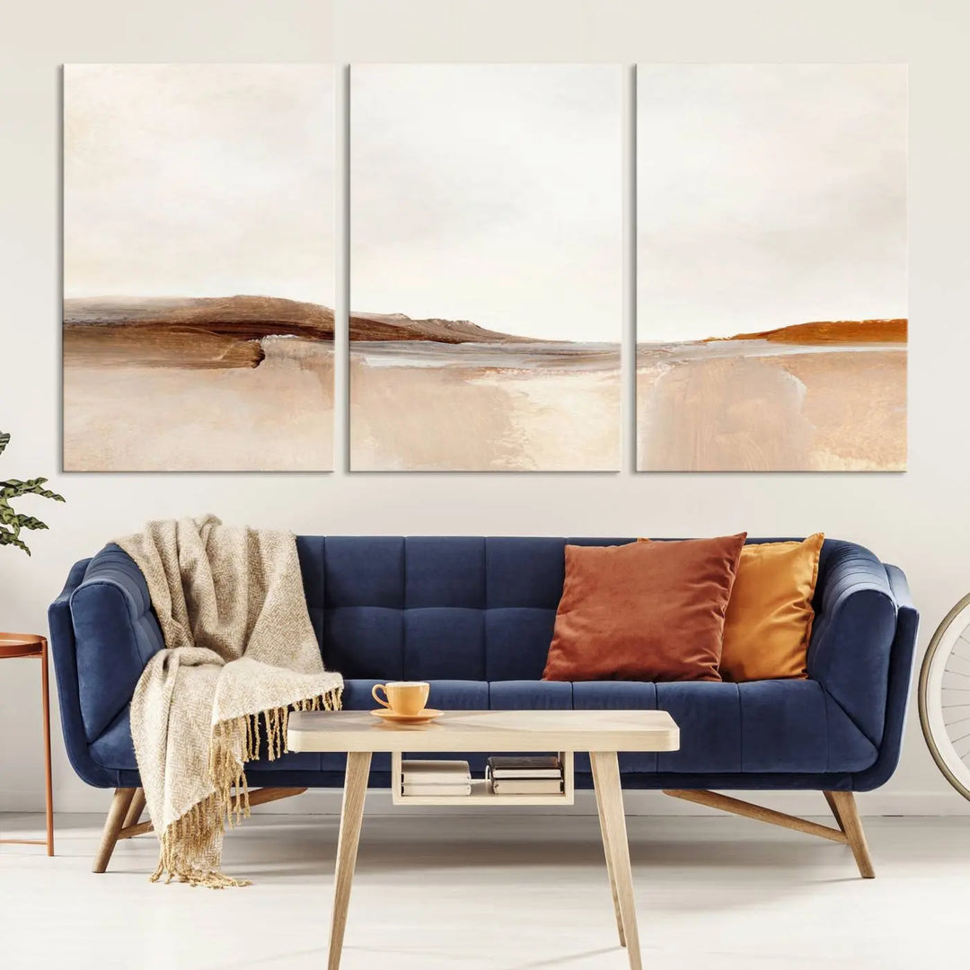 An Ocean Wave Abstract Artwork wall art canvas print, gallery wrapped with museum-quality polycotton and a UV-protective coating, hangs in a modern living room.