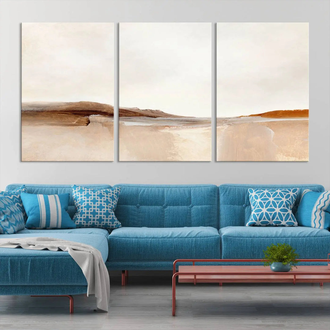 An Ocean Wave Abstract Artwork wall art canvas print, gallery wrapped with museum-quality polycotton and a UV-protective coating, hangs in a modern living room.