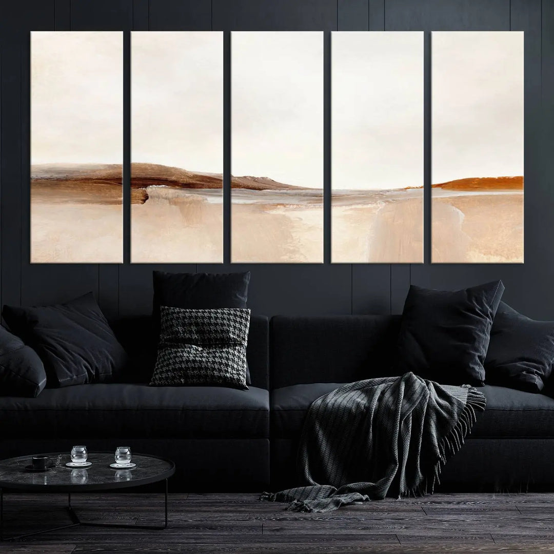 An Ocean Wave Abstract Artwork wall art canvas print, gallery wrapped with museum-quality polycotton and a UV-protective coating, hangs in a modern living room.