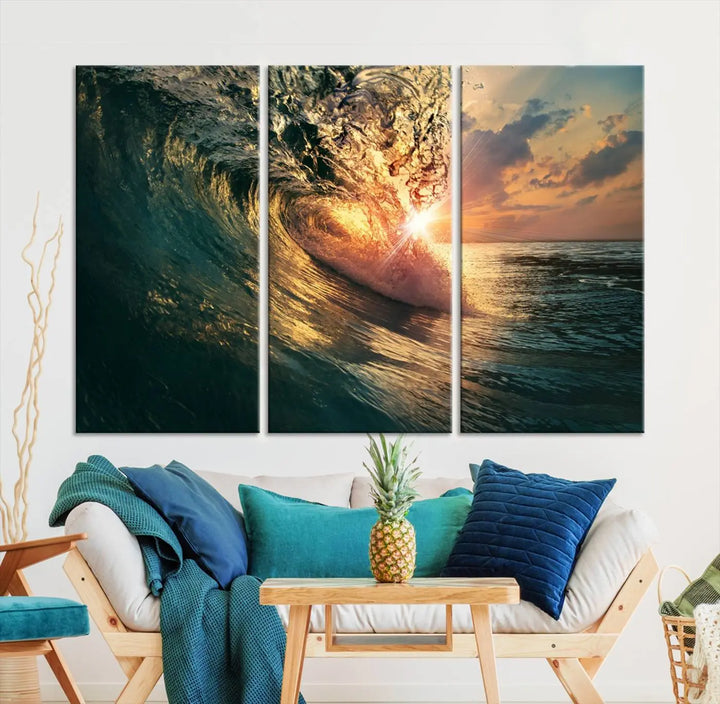 The living room is enhanced by the Ocean Wave Sunset Canvas Wall Art – Triptych Seascape Print – framed and ready to hang, with sunlight gently filtering through to enhance the coastal decor.