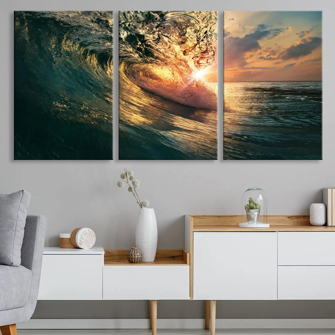 The living room is enhanced by the Ocean Wave Sunset Canvas Wall Art – Triptych Seascape Print – framed and ready to hang, with sunlight gently filtering through to enhance the coastal decor.