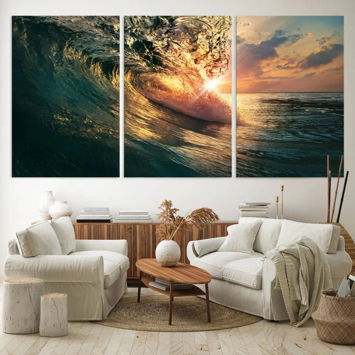 The living room is enhanced by the Ocean Wave Sunset Canvas Wall Art – Triptych Seascape Print – framed and ready to hang, with sunlight gently filtering through to enhance the coastal decor.