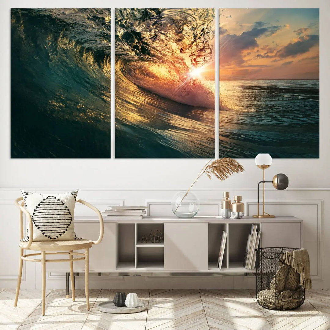 The living room is enhanced by the Ocean Wave Sunset Canvas Wall Art – Triptych Seascape Print – framed and ready to hang, with sunlight gently filtering through to enhance the coastal decor.