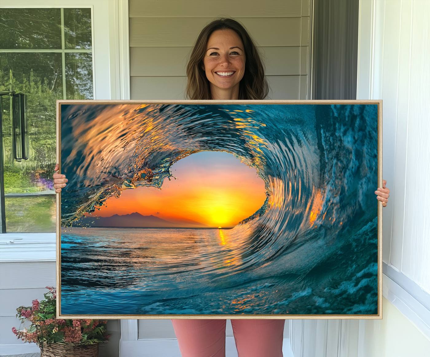 84279-MGV-CV-36X24-Ocean Wave Sunset Wall Art | Large Coastal Wave Canvas Print | 3-Panel Ocean Sunset Seascape for Beach Decor