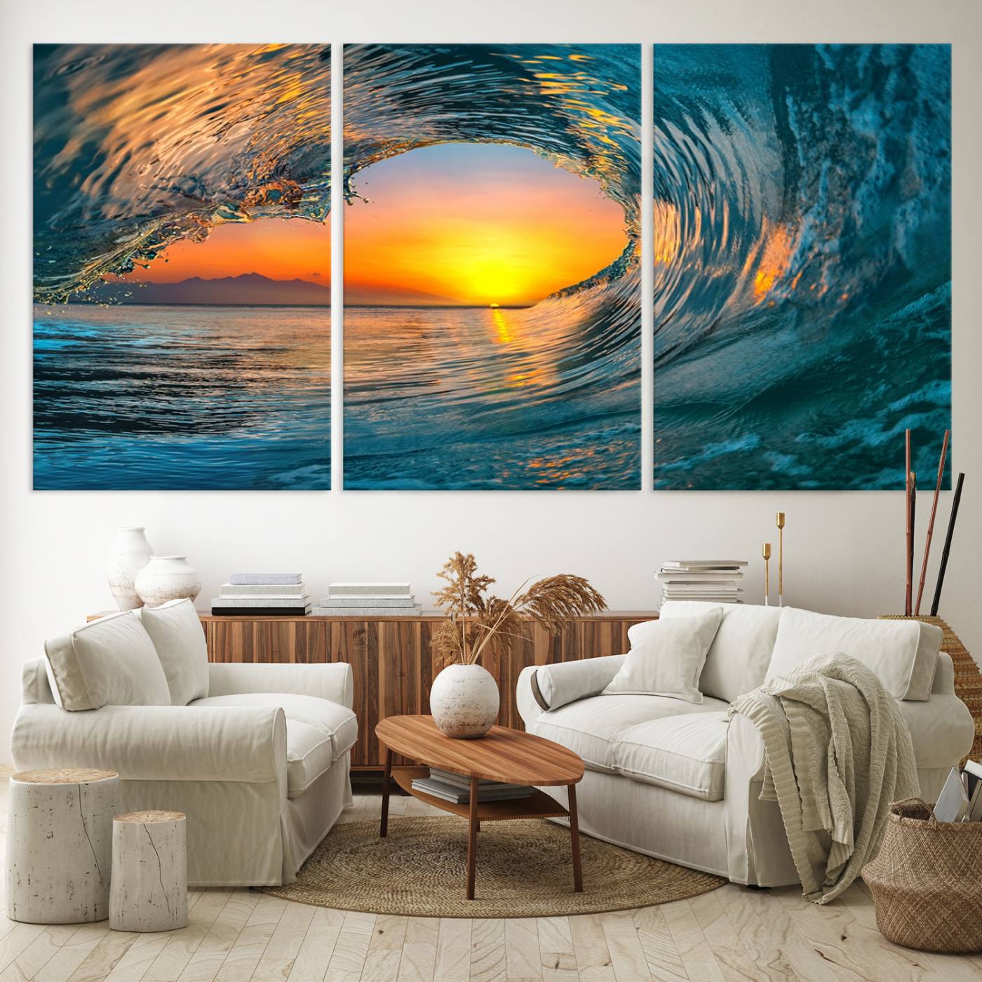 84279-MGV-CV-36X24-Ocean Wave Sunset Wall Art | Large Coastal Wave Canvas Print | 3-Panel Ocean Sunset Seascape for Beach Decor
