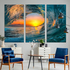 84279-MGV-CV-36X24-Ocean Wave Sunset Wall Art | Large Coastal Wave Canvas Print | 3-Panel Ocean Sunset Seascape for Beach Decor