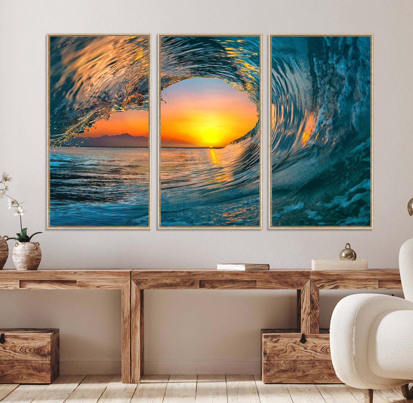 84279-MGV-CV-36X24-Ocean Wave Sunset Wall Art | Large Coastal Wave Canvas Print | 3-Panel Ocean Sunset Seascape for Beach Decor