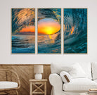 84279-MGV-CV-36X24-Ocean Wave Sunset Wall Art | Large Coastal Wave Canvas Print | 3-Panel Ocean Sunset Seascape for Beach Decor