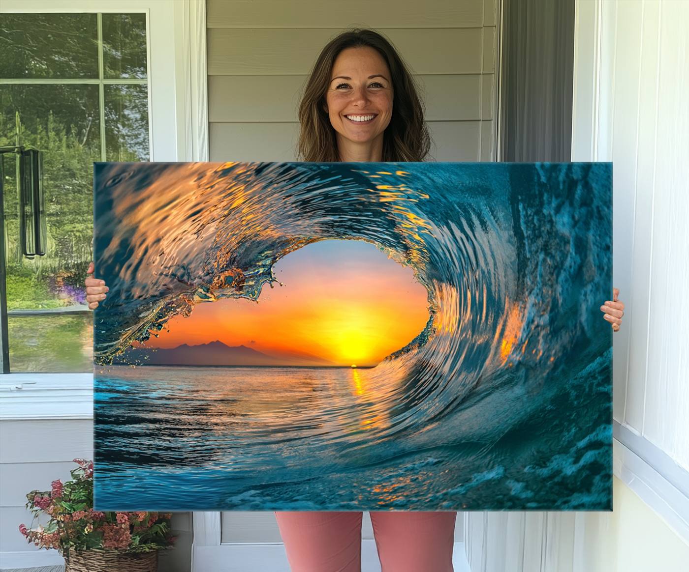 84279-MGV-CV-36X24-Ocean Wave Sunset Wall Art | Large Coastal Wave Canvas Print | 3-Panel Ocean Sunset Seascape for Beach Decor