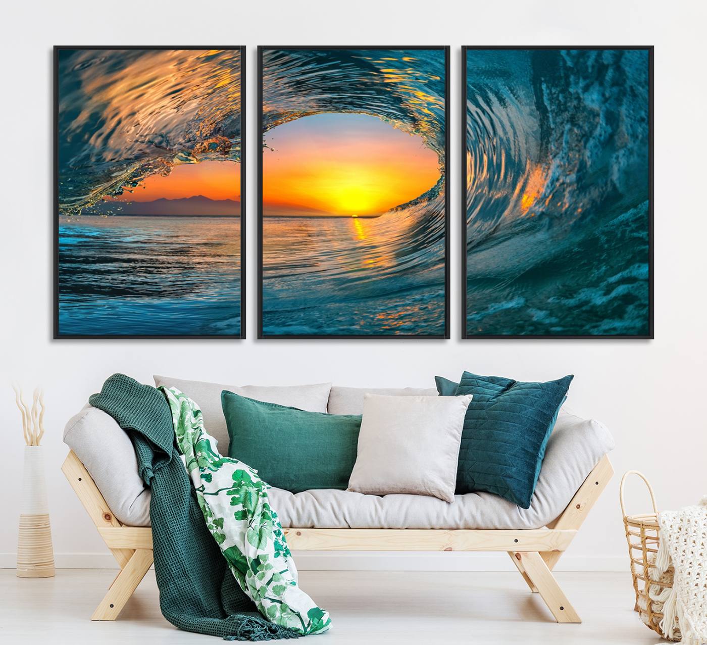 84279-MGV-CV-36X24-Ocean Wave Sunset Wall Art | Large Coastal Wave Canvas Print | 3-Panel Ocean Sunset Seascape for Beach Decor
