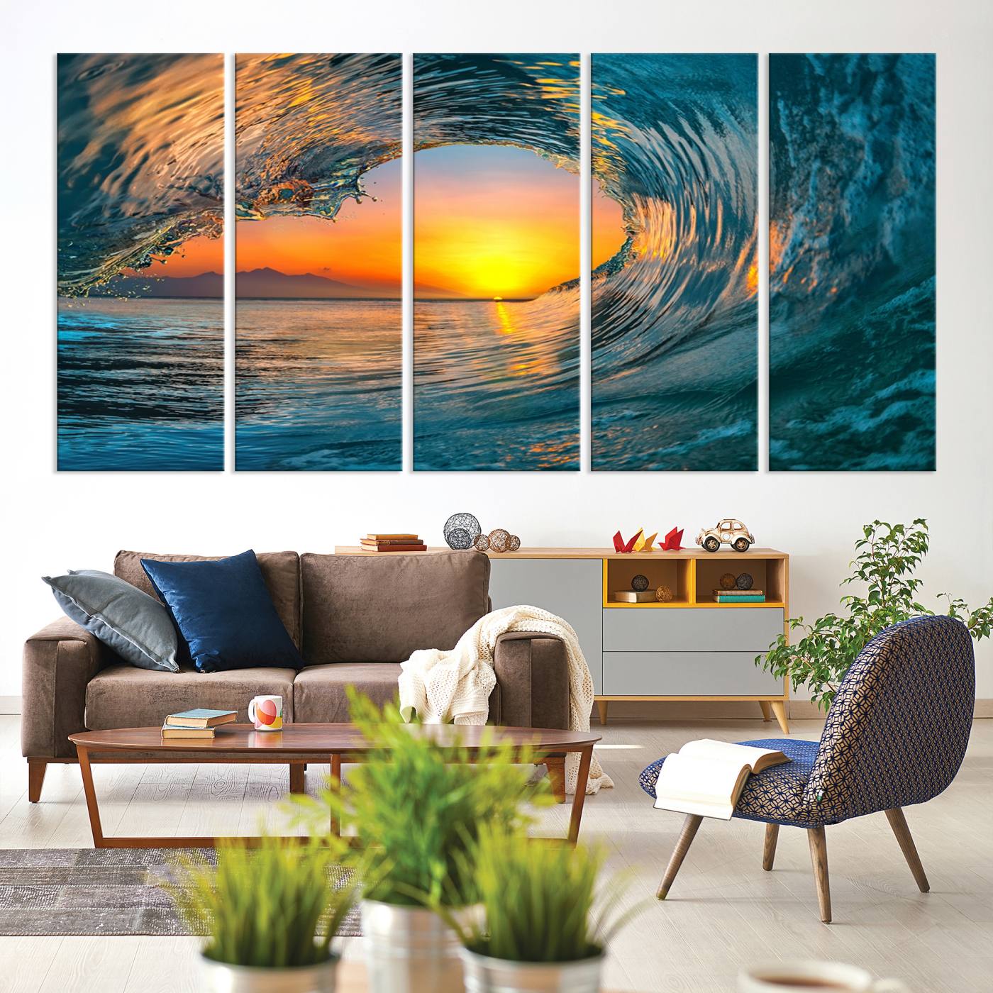 84279-MGV-CV-60X31-5P-Ocean Wave Sunset Wall Art | Large Coastal Wave Canvas Print | 3-Panel Ocean Sunset Seascape for Beach Decor