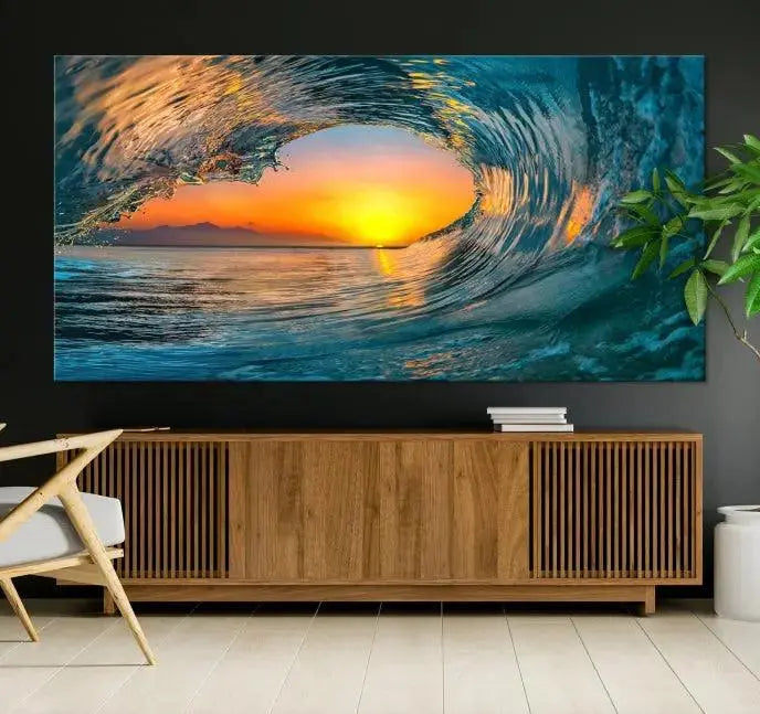 The Ocean Wave Sunset Wall Art, a large coastal wave canvas print comprising a 3-panel ocean sunset seascape, beautifully adorns the living room. This striking piece infuses the space with tranquility by capturing the serene beauty of an ocean wave against a sunset background.