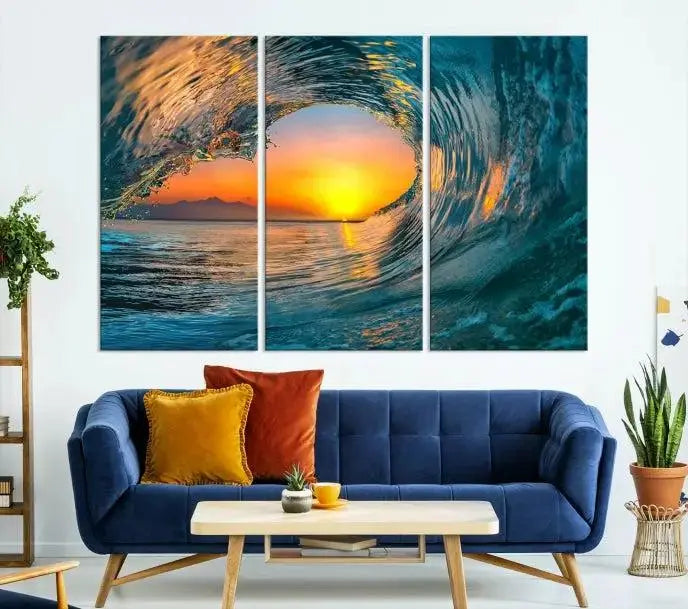 The Ocean Wave Sunset Wall Art, a large coastal wave canvas print comprising a 3-panel ocean sunset seascape, beautifully adorns the living room. This striking piece infuses the space with tranquility by capturing the serene beauty of an ocean wave against a sunset background.