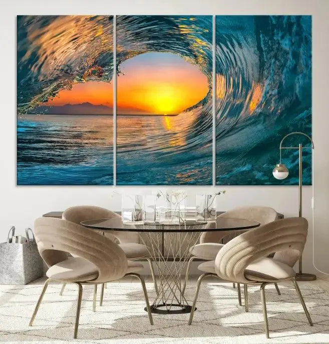 The Ocean Wave Sunset Wall Art, a large coastal wave canvas print comprising a 3-panel ocean sunset seascape, beautifully adorns the living room. This striking piece infuses the space with tranquility by capturing the serene beauty of an ocean wave against a sunset background.