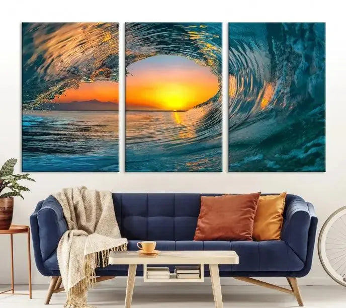 The Ocean Wave Sunset Wall Art, a large coastal wave canvas print comprising a 3-panel ocean sunset seascape, beautifully adorns the living room. This striking piece infuses the space with tranquility by capturing the serene beauty of an ocean wave against a sunset background.