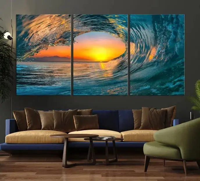 The Ocean Wave Sunset Wall Art, a large coastal wave canvas print comprising a 3-panel ocean sunset seascape, beautifully adorns the living room. This striking piece infuses the space with tranquility by capturing the serene beauty of an ocean wave against a sunset background.